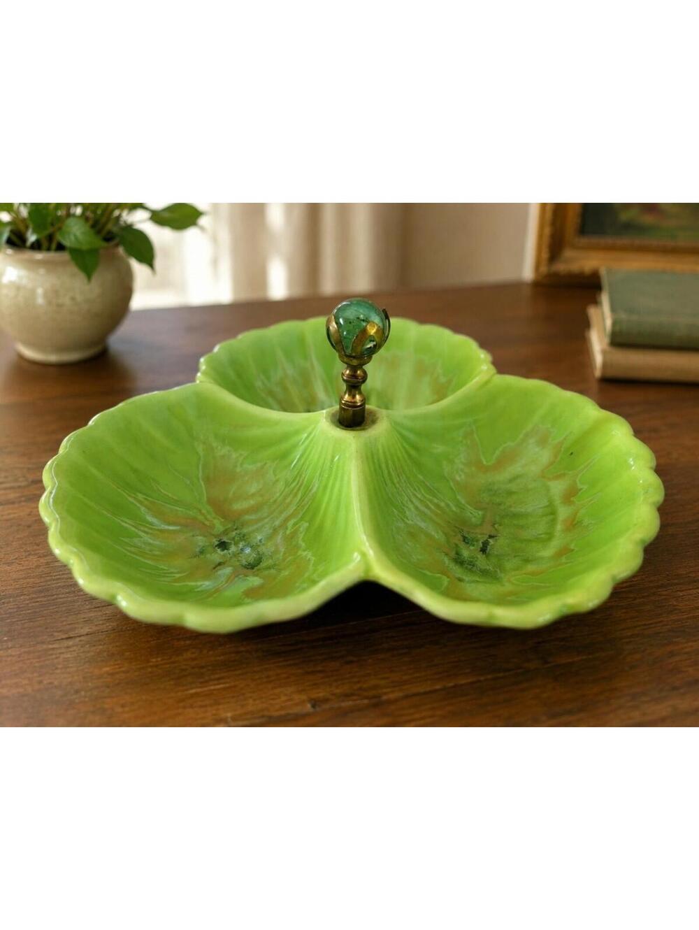 Vintage California Pottery Divided Serving Dish Green Drip Glaze Glass Handle MC